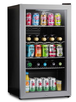 outdoor fridge, mini fridge, drinks cooler, full of beer and soft drinks