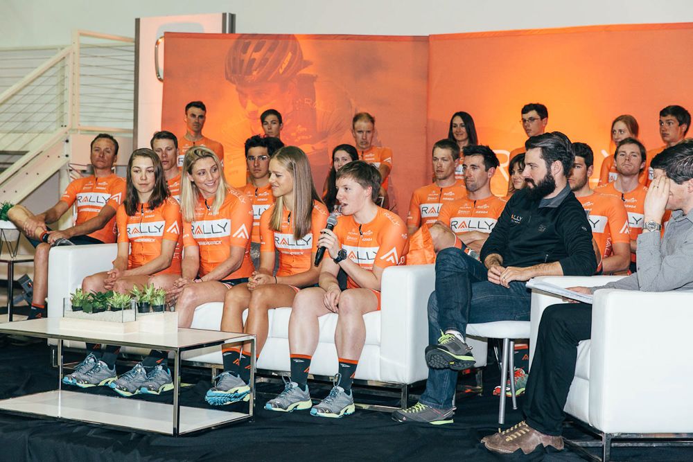 Kelly Catlin answers a few questions, flanked by Sara Poidevin, Erica Allar, and Kirsti Lay.