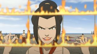 Azula looking through a flaming volleyball net in Avatar: The Last Airbender.
