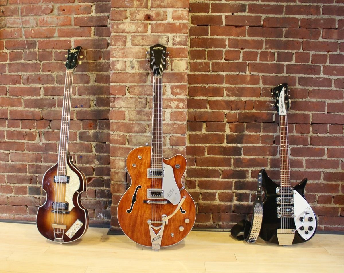 1965 Hofner bass, 1963 Gretsch Tennessean, and Rickenbacker 325 Reissue.