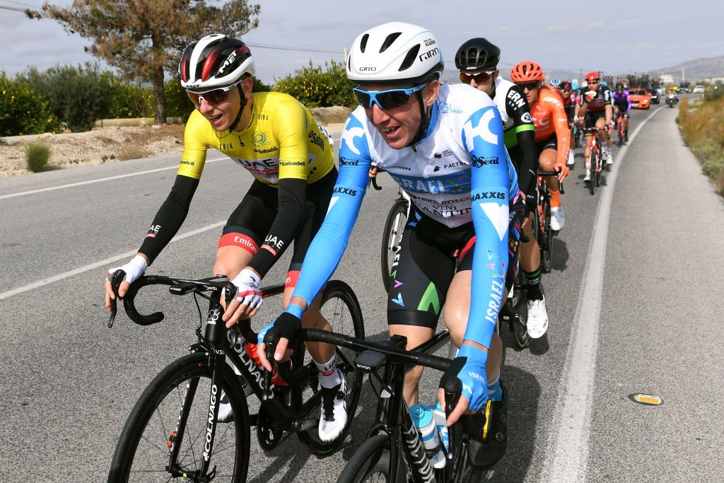 TORREVIEJA SPAIN FEBRUARY 07 Tadej Pogacar of Slovenia and UAE Team Emirates Yellow Leader Jersey Daniel Martin of Ireland and Team Israel StartUp Nation Jaime Castrillo of Spain and Team Equipo Kern Pharma during the 71st Volta a la Comunitat Valenciana 2020 Stage 3 a 1746km stage from Orihuela to Torrevieja VueltaCV VCV2020 on February 07 2020 in Torrevieja Spain Photo by David RamosGetty Images