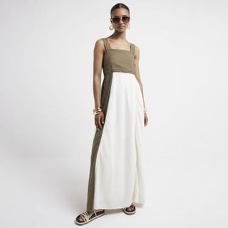 Khaki Linen Blend Smock Maxi Dress