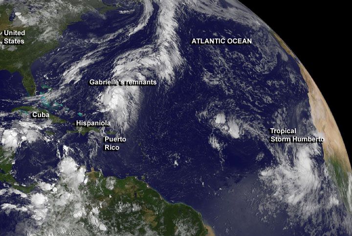 Satellite image of Tropical Storm Humberto and Gabrielle