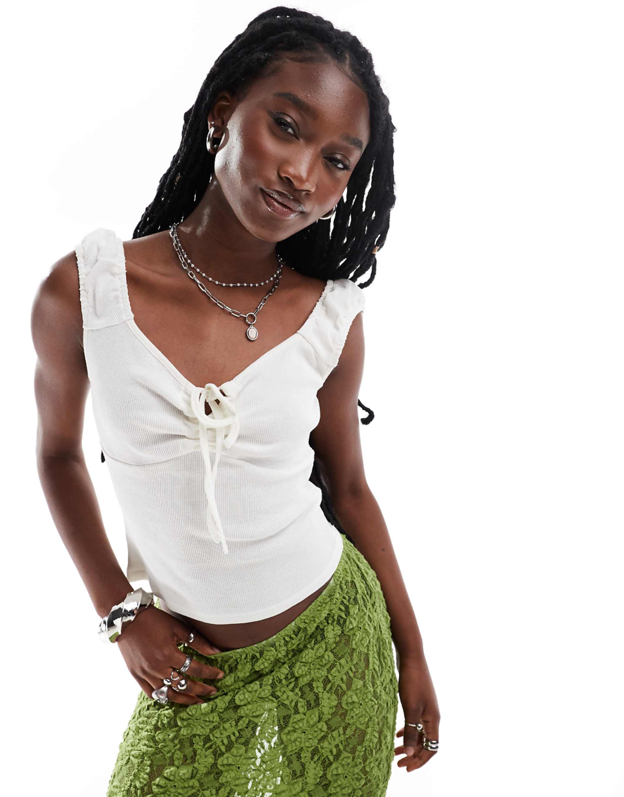 Collusion Cap Sleeve Tie Front Top in White Rib
