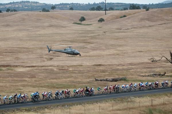 The peloton gets some up close and personal helicopter TV time