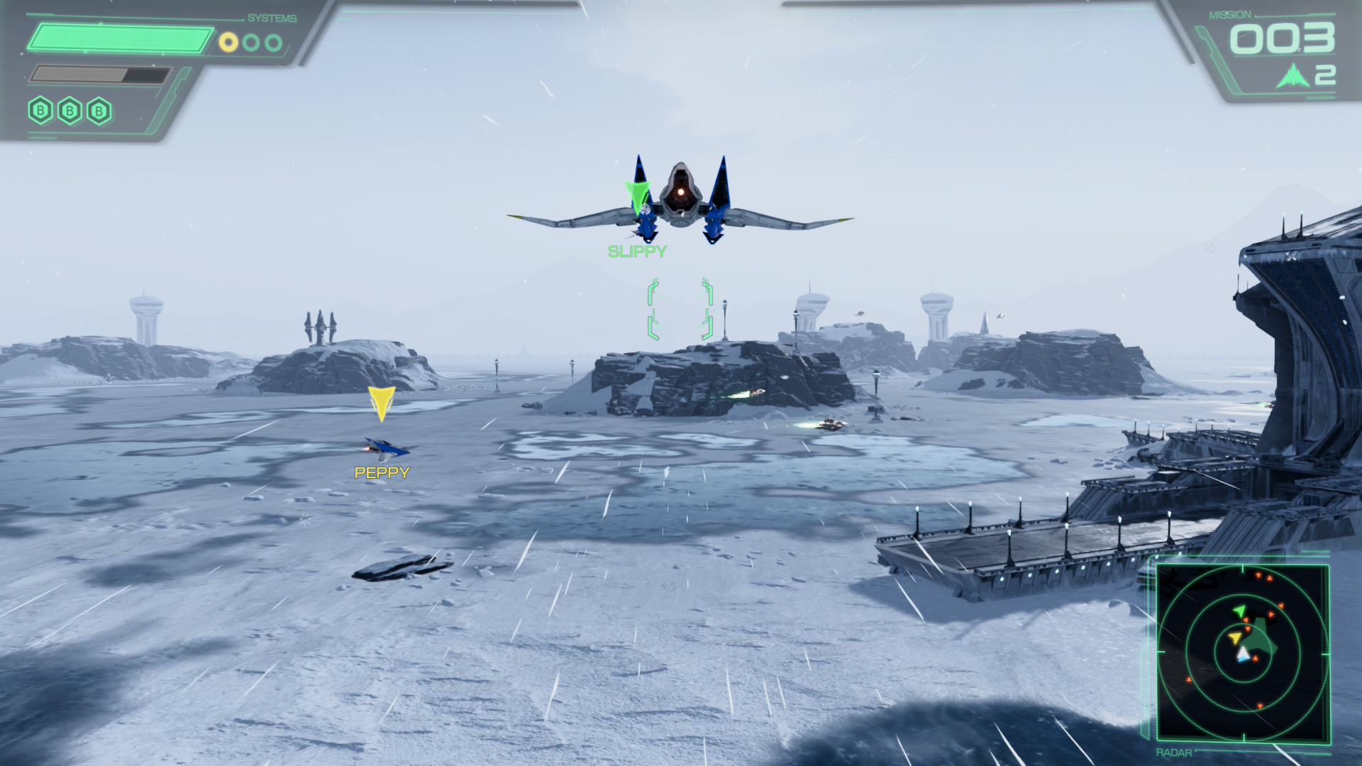 Fox McCloud flying over a snowy planet in Star Fox on the Nintendo Switch 2