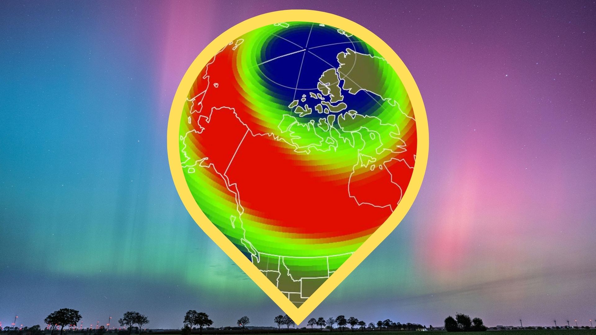 map of the possible spread of northern lights in the US tonight. it is placed inside a vector graphic of a location marker and in the background are pink and gr