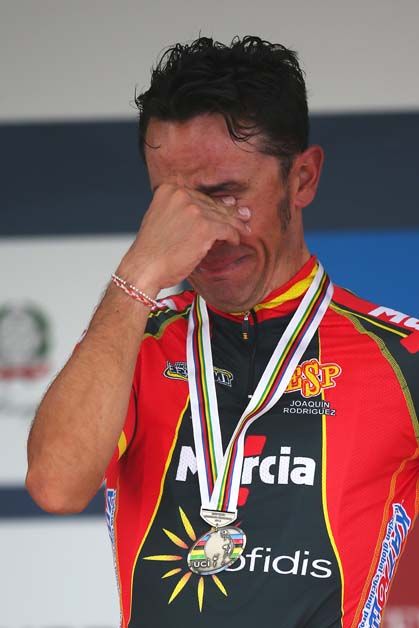 Joaquim Rodriguez is overwhelmed by emotion on the 2013 podium