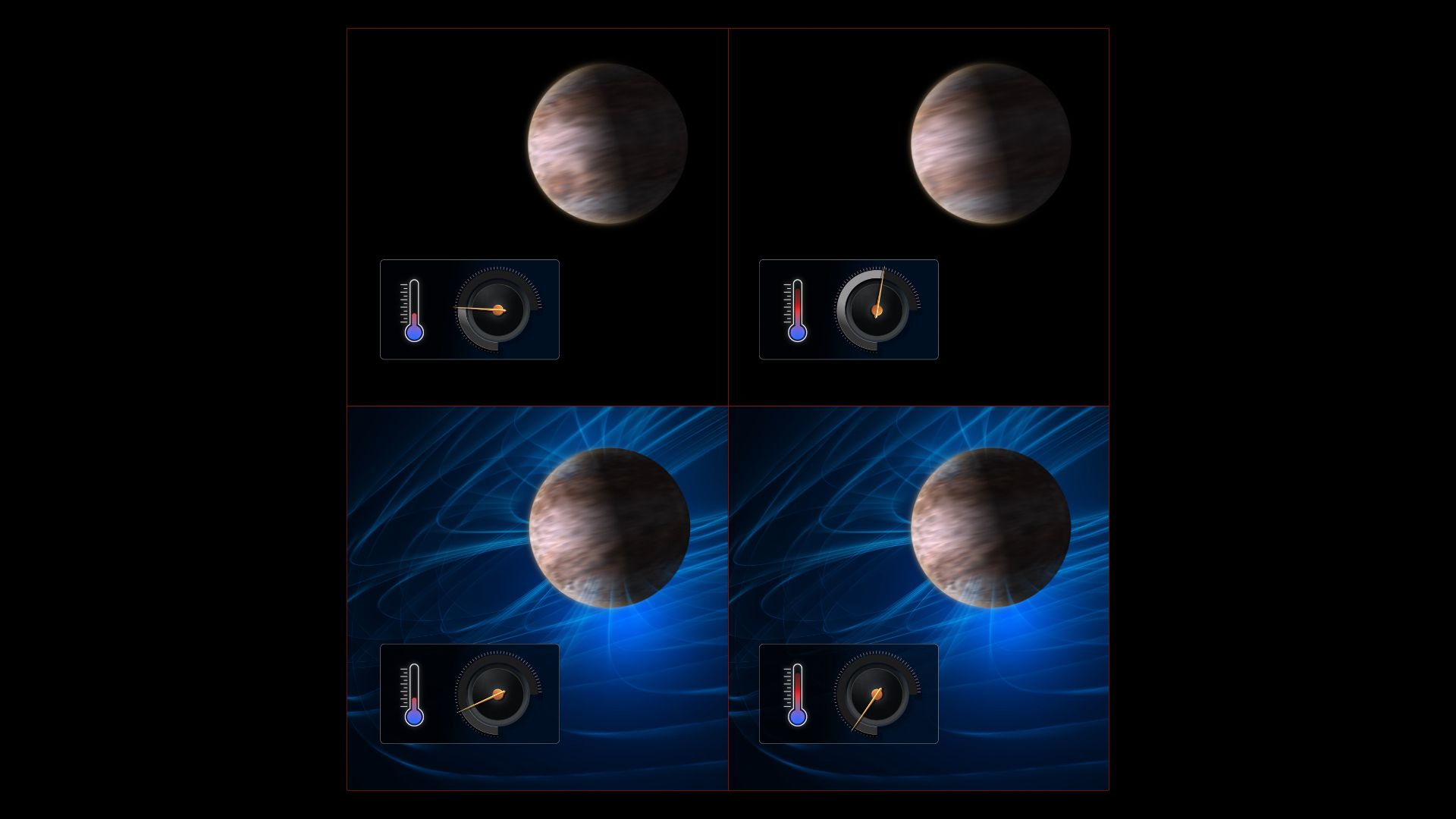 Ilustração mostrando quatro planetas com diferentes temperaturas e velocidades de vento. Os dois campos magnéticos inferiores são mostrados em azul.