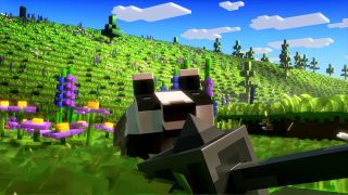 Minecraft Legends - A trailer animation of a badger in a green field sniffing a studded mace that landed in front of it.