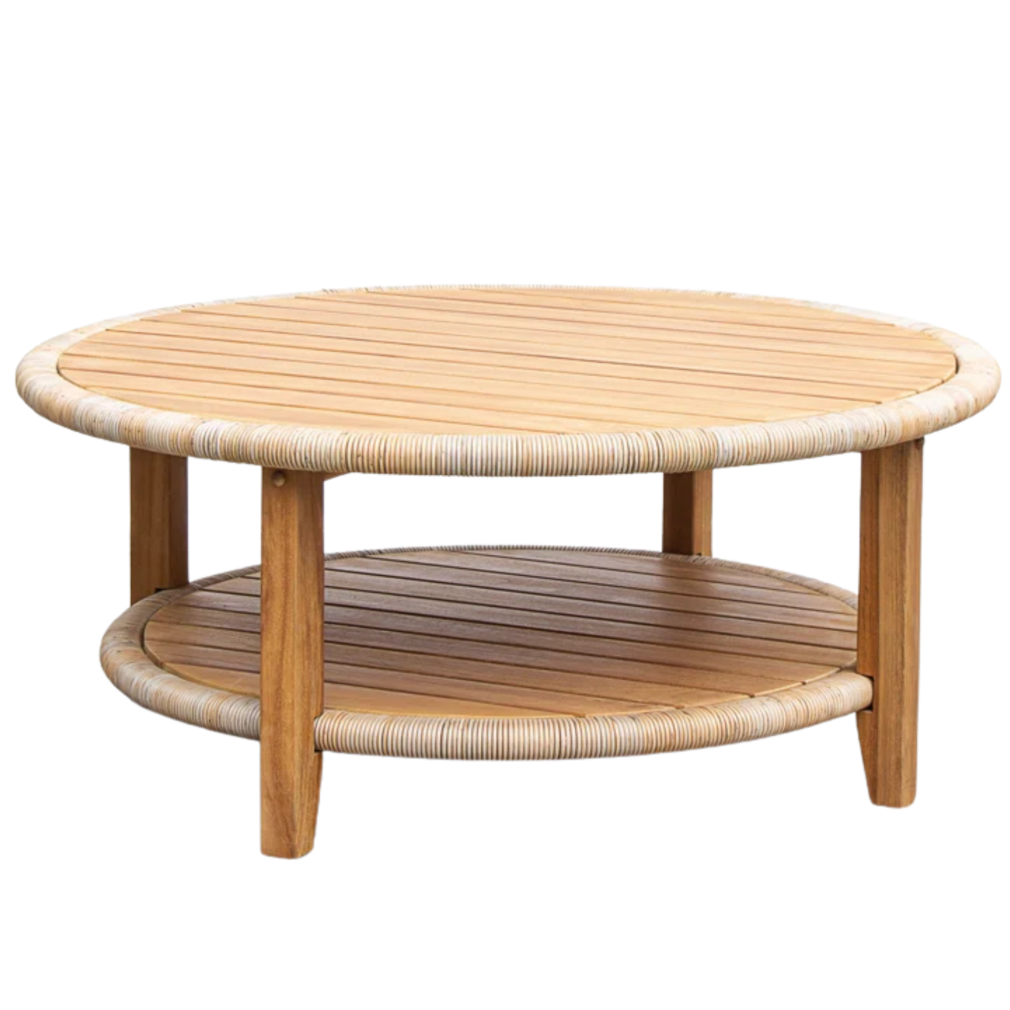 round wooden coffee table with rattan accent detail