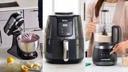 When does Amazon Black Friday start? A three panel image of what's on sale for Amazon Black Friday: a KitchenAid Classic; a Ninja AF101 Air Fryer; a Nutribullet food processor