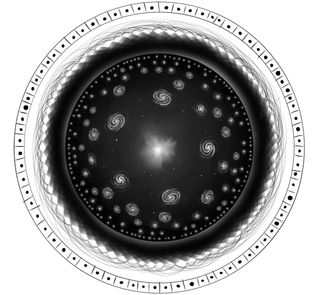 A diagram illustrating the universe as concieved by Hawking, Hertog and Hartle. In this picture, the universe, and time itself, emerges as a hologram from the interactions of countless entangled qubits interacting on its furthest edge.