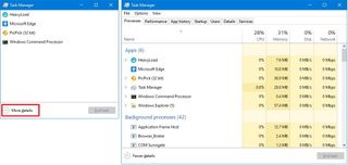 Task Manager compact mode (left), Task Manager advanced mode (right)