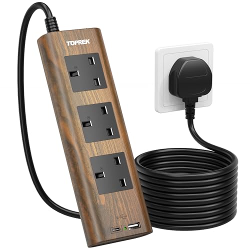 Toprek Wood Grain 3 Way Extension Lead With Usb Slots, Surge Protection, On/off Switch, 13a/3250w, Extension Cable 2m for Home Kitchen Office