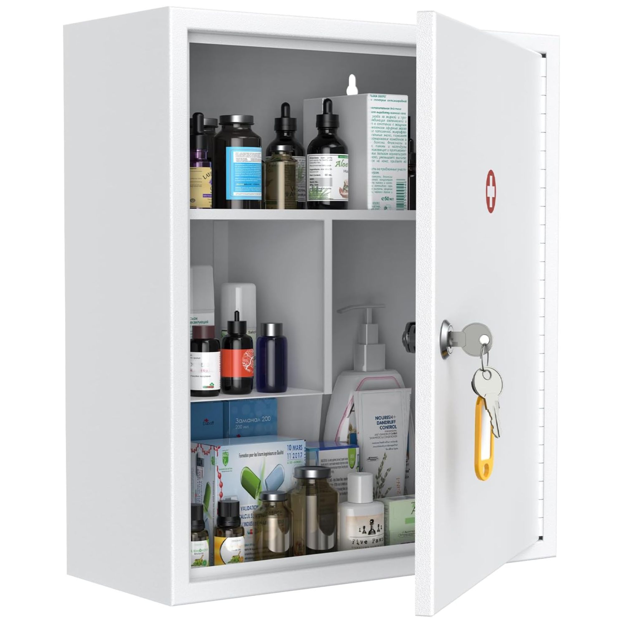 White lockable medicine cabinet filled with assorted products