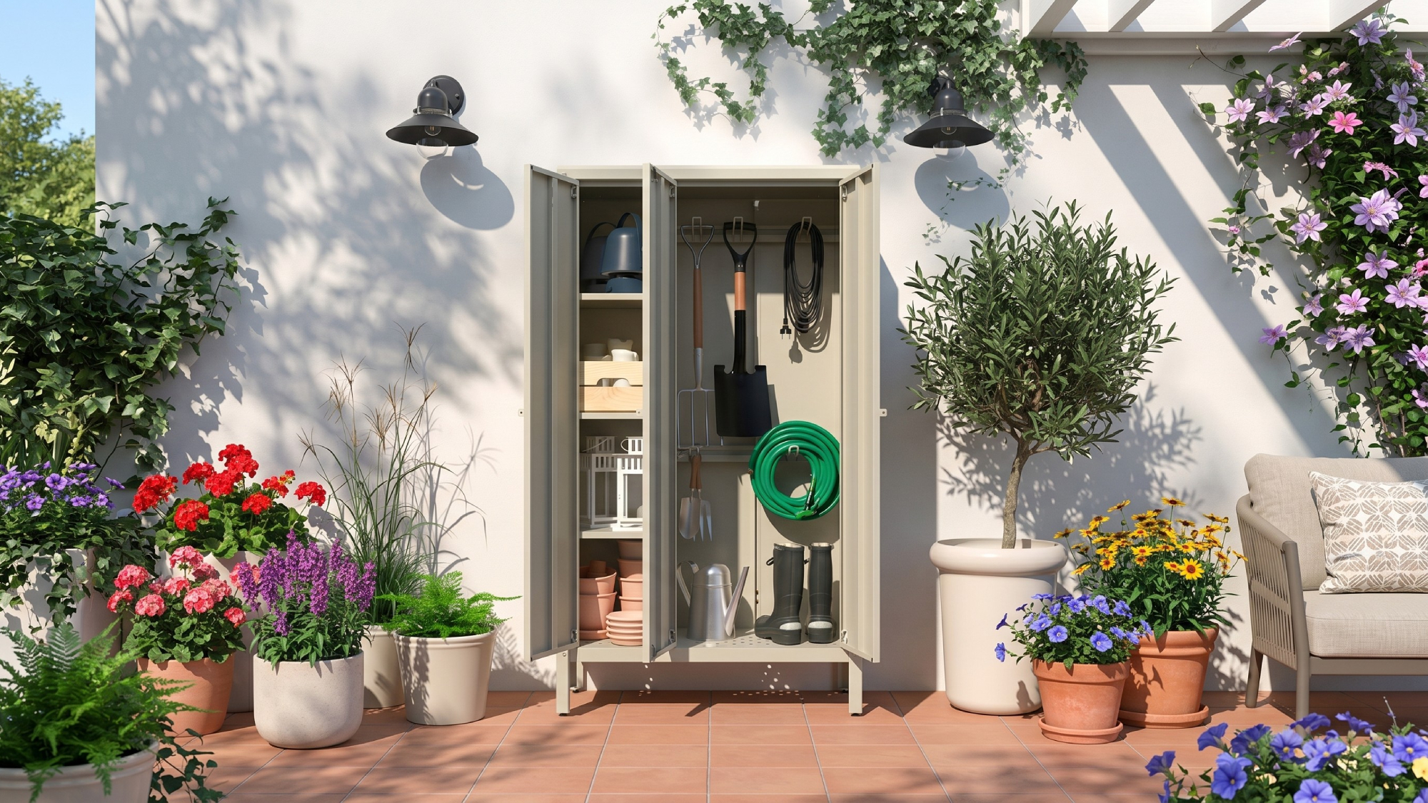 Ikea KOLBJORN garden storage cabinet on a patio, filled with garden tools