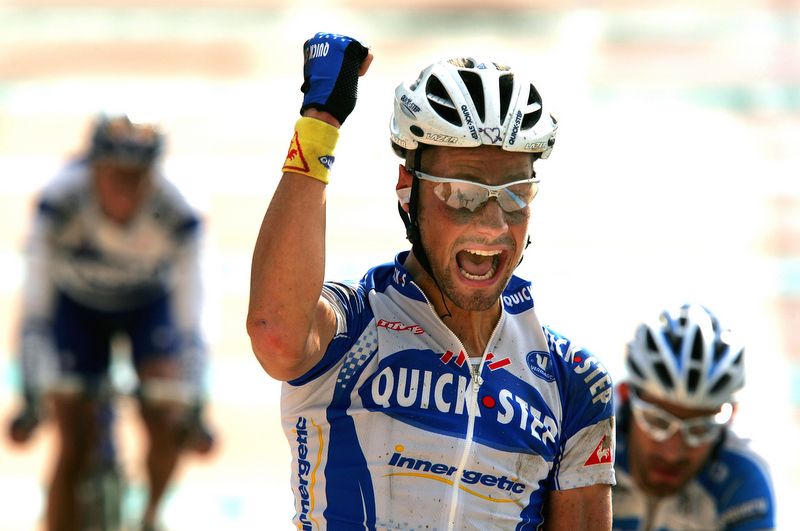Tom Boonen pumps his fist after winning his first Roubaix in 2005