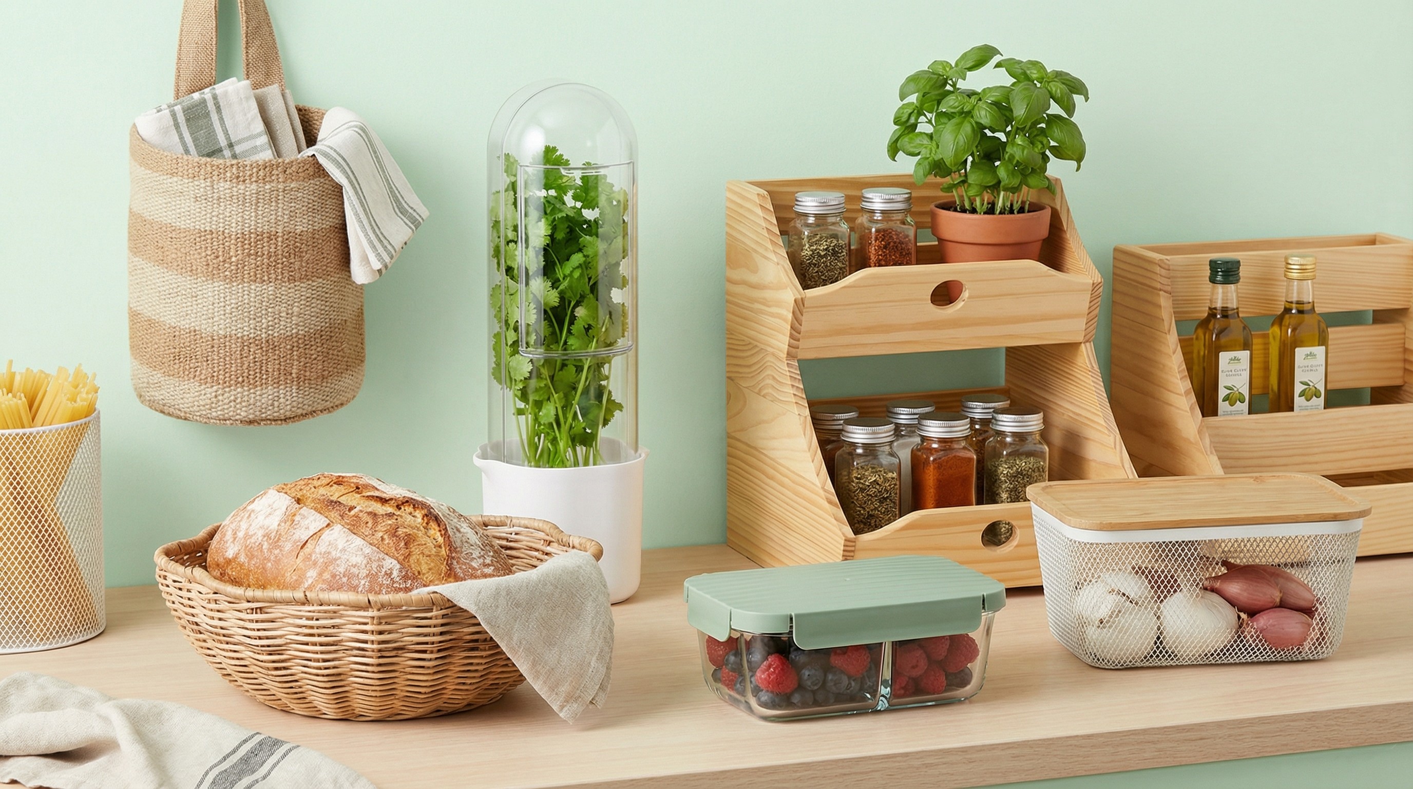 Collection of IKEA kitchen accessories and lights on kitchen counter