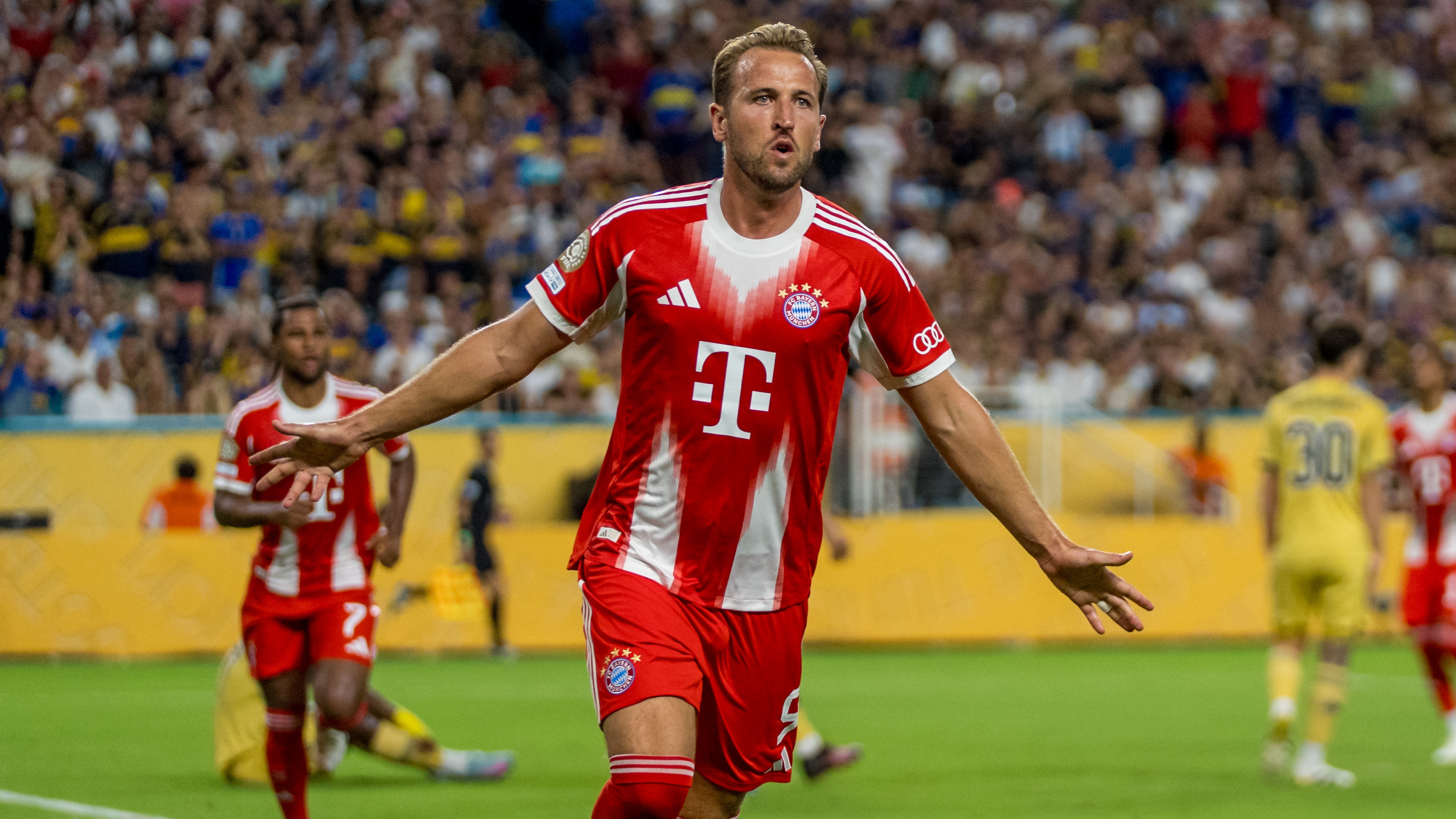 Harry Kane scores for Bayern Munich against Boca Juniors.
