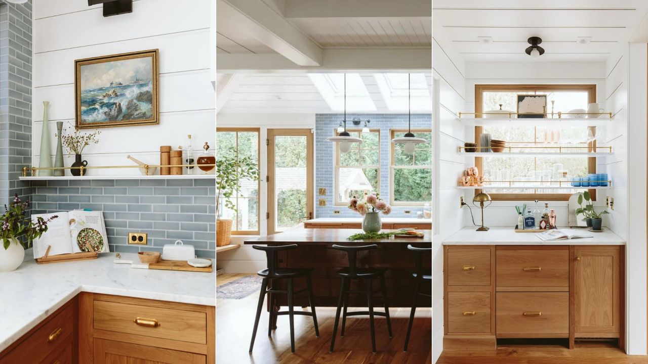 Three photos of Emily Henderson&#039;s blue kitchen