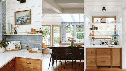Three photos of Emily Henderson's blue kitchen