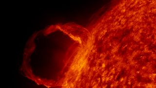 About five weeks after NASA's Solar Dynamics Observatory began using its instruments, this beautiful solar prominence erupted. SDO captured this data on March 30, 2010; the spacecraft launched into space on Feb. 11, 2010. 