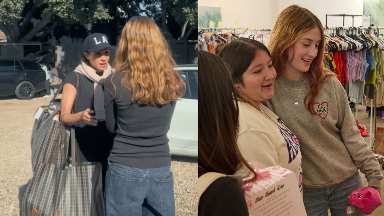 Meghan Markle wearing an LA baseball cap adn a black tee shirt carrying shopping bags and talking to a girl wearing jeans and a black tee with her backt o the camera in front of two cars, and a photo of Altadena Girls founder Avery Colvert wearing a gray sweatshirt and jeans with her arm around a woman in front of clothing racks