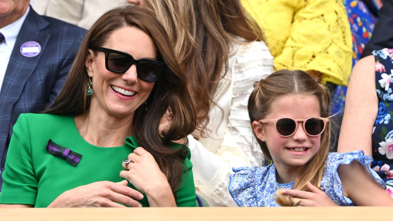 Catherine, Princess of Wales and Princess Charlotte of Wales watch Carlos Alcaraz vs Novak Djokovic in the Wimbledon 2023 men&#039;s final on Centre Court during day fourteen of the Wimbledon Tennis Championships at the All England Lawn Tennis and Croquet Club on July 16, 2023 in London, England. 