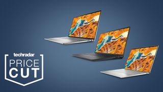 Three Dell laptops on a blue background from the Black Friday sale
