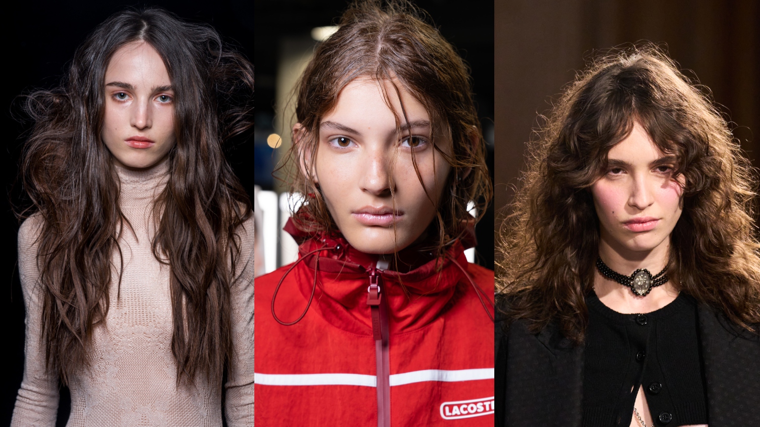 three women with messy hair in stylish outfits at Paris Fashion Week