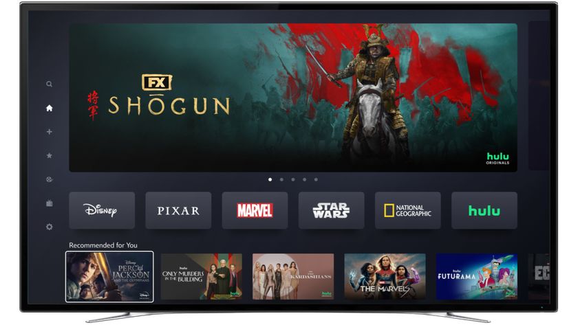 Disney Plus home screen on a TV showing Shogun and a selection of Hulu content