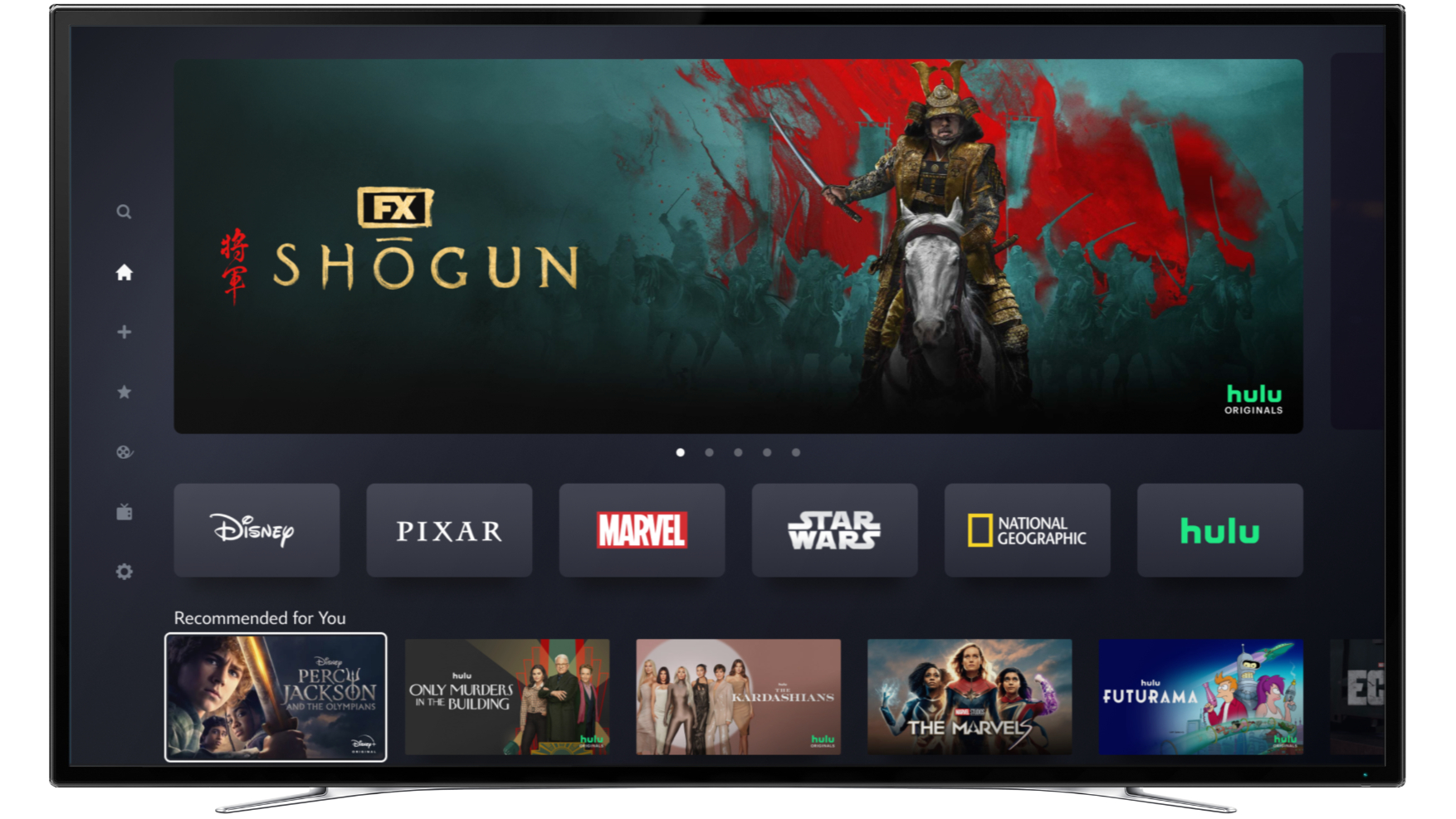 Disney Plus home screen on a TV showing Shogun and a selection of Hulu content