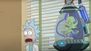 Rick with some green person on Rick and Morty on Adult Swim