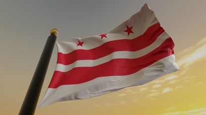 District of Columbia flag on pole flying in a golden sky