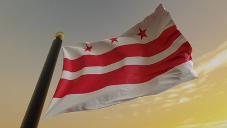 District of Columbia flag on pole flying in a golden sky