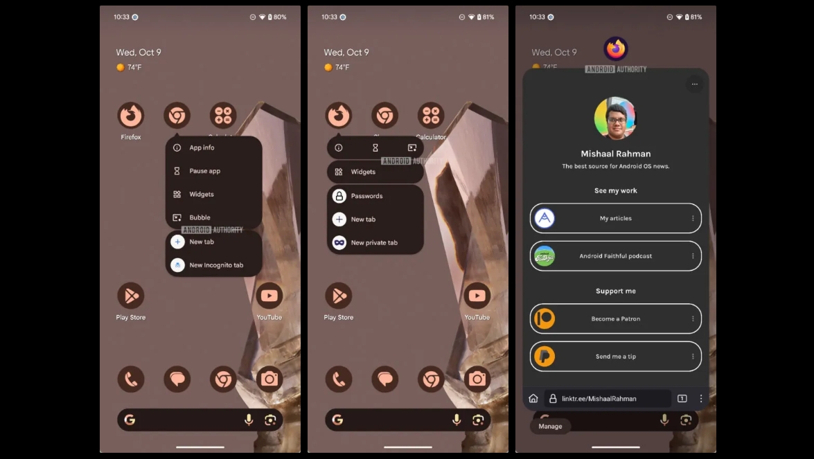 Screenshots showing app bubbles in an Android 15 beta