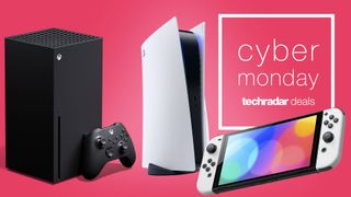 Cyber Monday gaming deals image: an Xbox Series X, Ps5 and Nintendo Switch OLED on a pink background