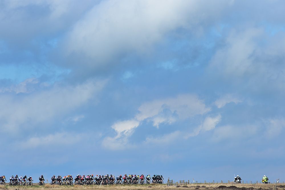 The peloton under blue skies