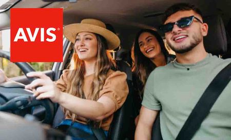 Avis logo over an image of a friends in a car 