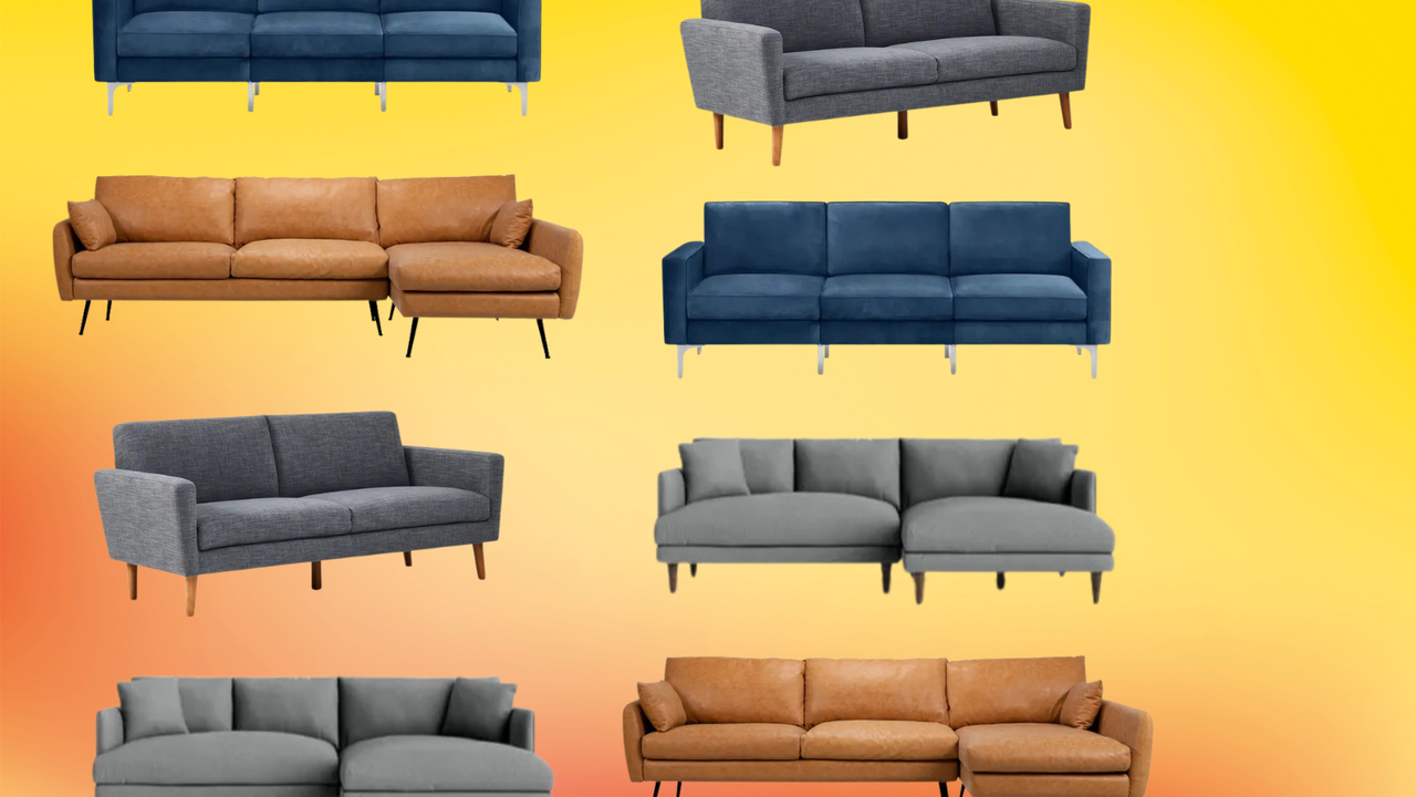 a collage of pet-friendly sofas on a colorful background