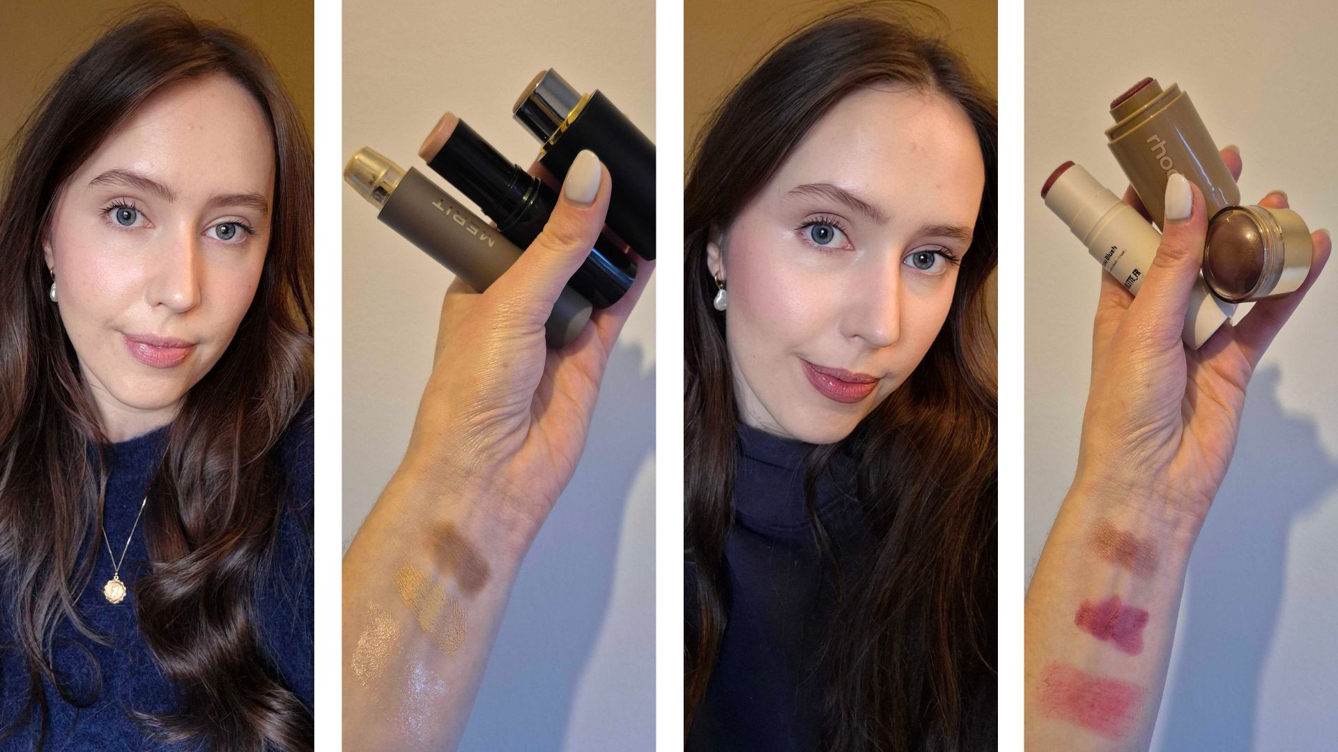 On the left is a picture of Digital Beauty Writer, Naomi Jamieson, seen wearing an array of makeup sticks on her face, including the Merit Complexion Stick, Westman Atelier Face Trace Stick, Violette_Fr Bisou Blush and Chanel Essentiel Baume, followed by a picture of her hand holding three of the aforementioned sticks, with swatches of each seen on her arm. Then, second from the right, is another picture of Naomi again wearing an array of the makeup sticks featured, though having swapped the Violette_Fr blush for the Rhode Pocket blush, followed by another picture of her holding the two blushes, with swatches of the shades on her arm.