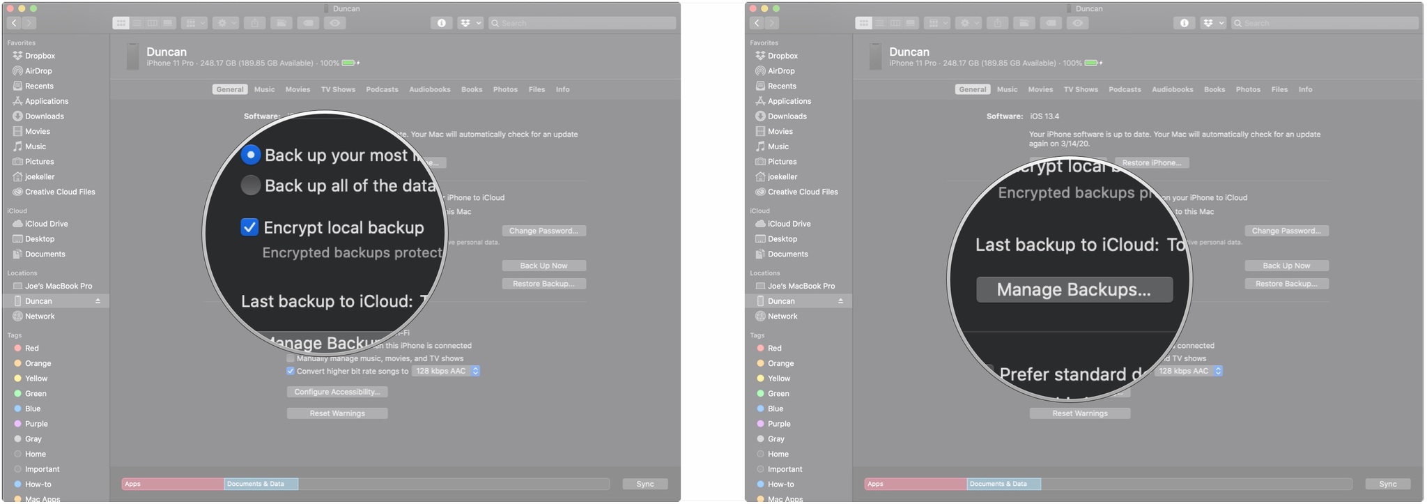 Резервное копирование iPhone или iPad в macOS, показывающее, как установить флажок «Шифрование» и нажать кнопку «Управление резервными копиями…», чтобы просмотреть все ваши резервные копии.