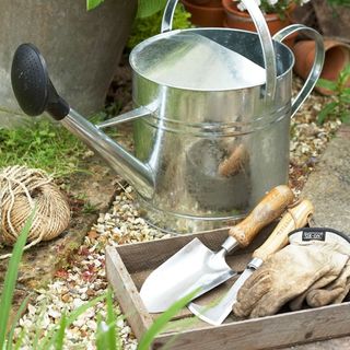 water can with gardening tool