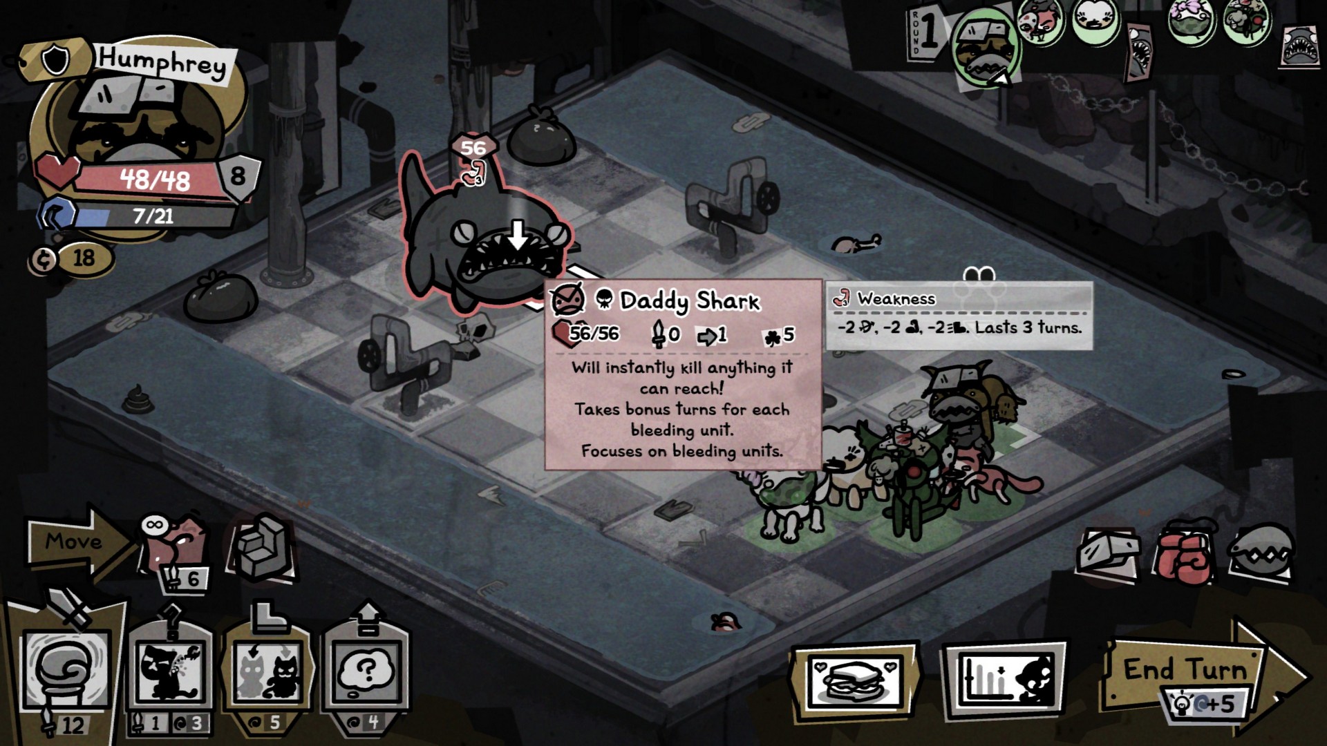 A party of cats come face to face with the Daddy Shark in the Sewers in Mewgenics