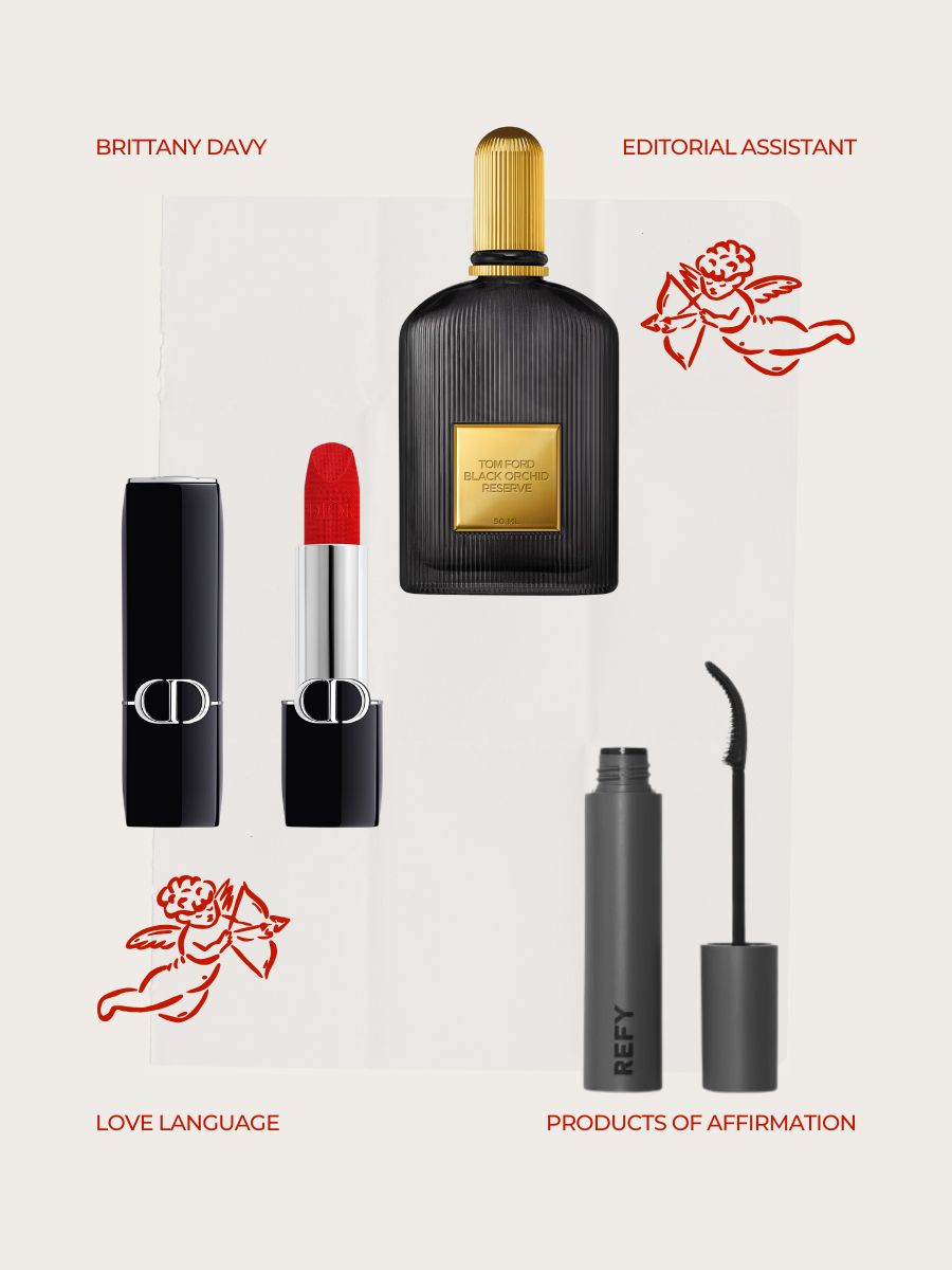 A collage of Brittany's picks, including Tom Ford Black Orchid Reserve perfume, Dior 999 red lipstick and Refy Sculpt mascara