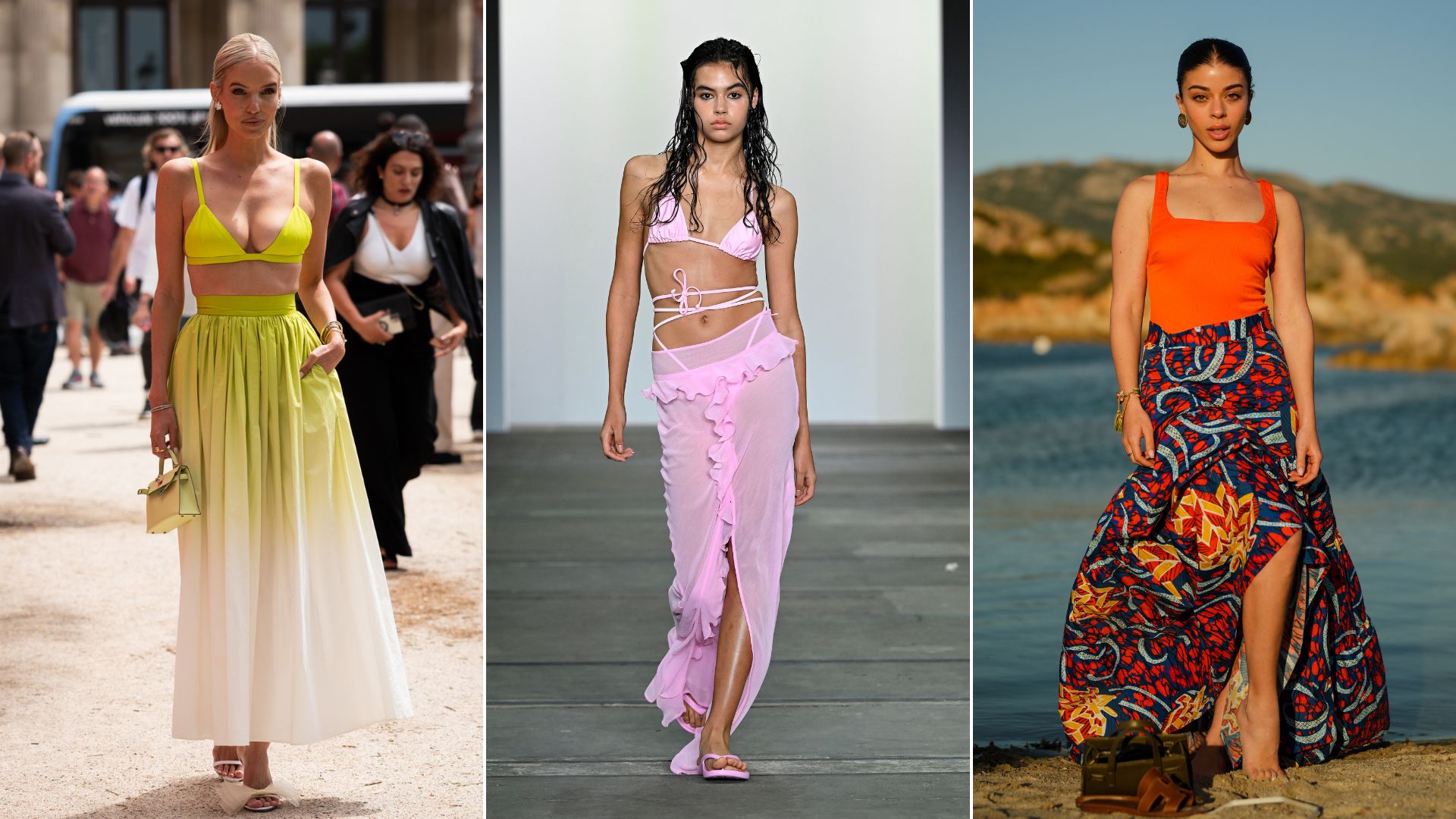 Three women wear different long skirt outfits as beach cover ups