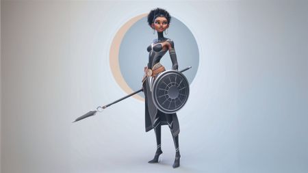 A female warrior with spear and shield