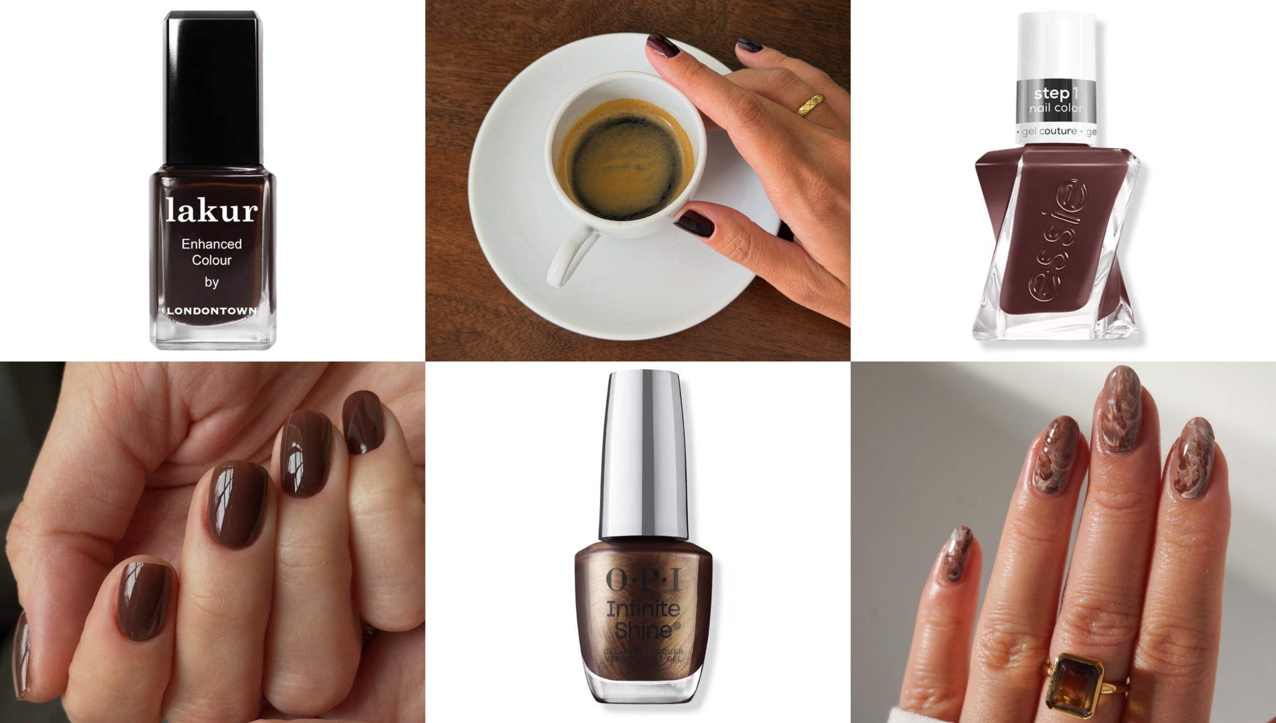 Dark espresso brown nails, a little coffee cup moment, glossy chocolate mani and swirly brown nail art with gold rings, all the fall nail inspo
