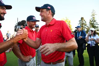 Keegan Bradley celebrates winning the Presidents Cup